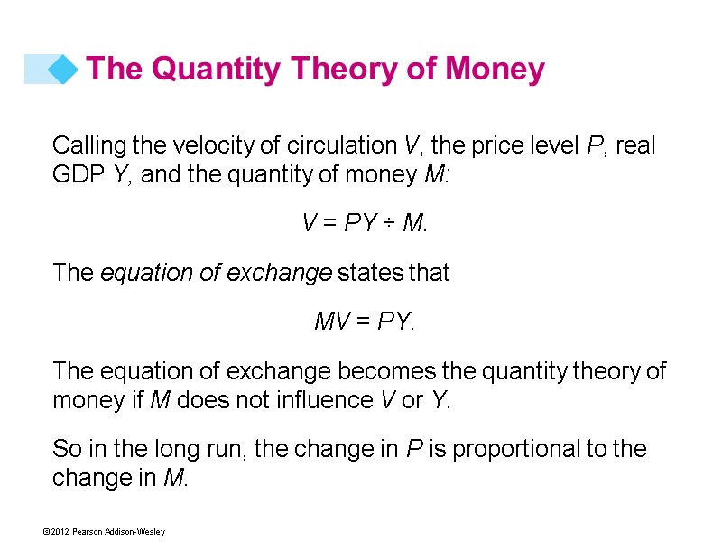 Calling the velocity of circulation V, the price level P, real GDP Y, and